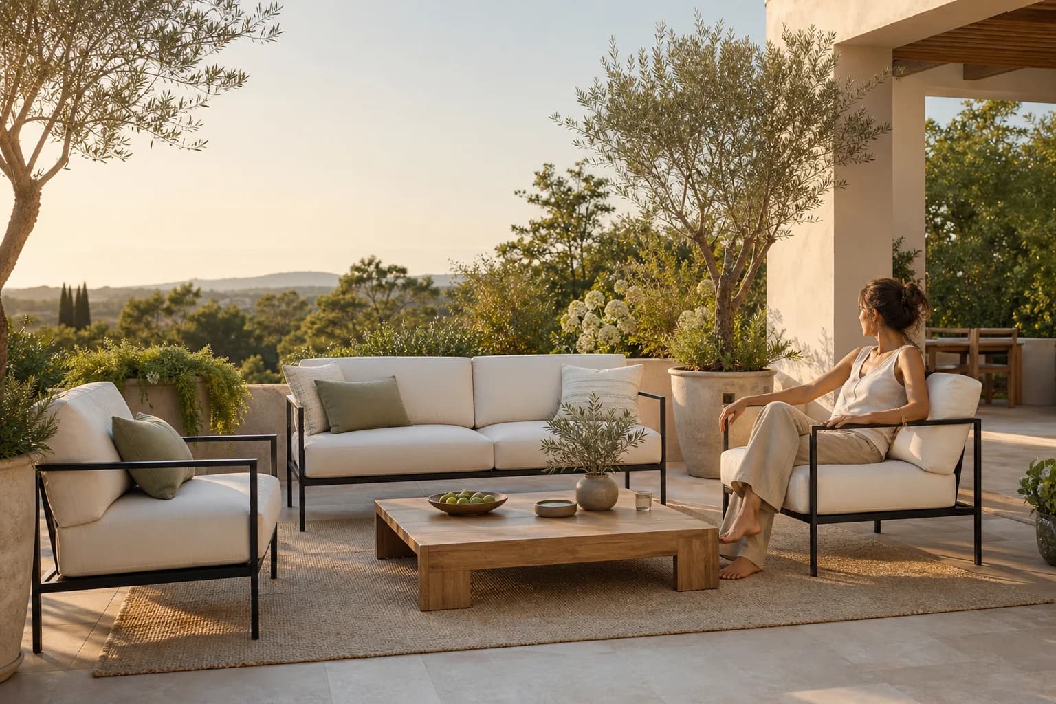A modern garden patio with outdoor lounge seating